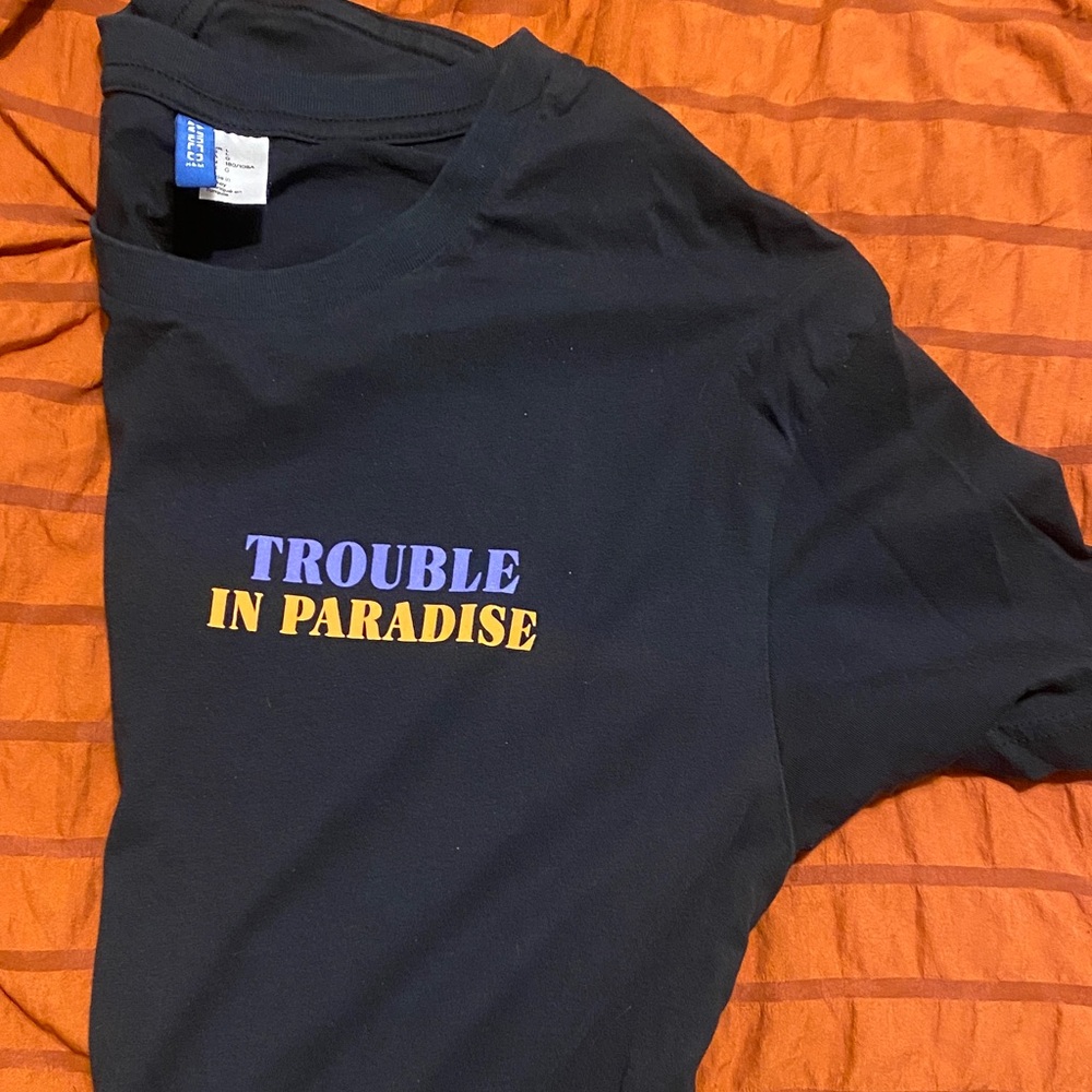 Divided Black Tee with Purple and Gold Print